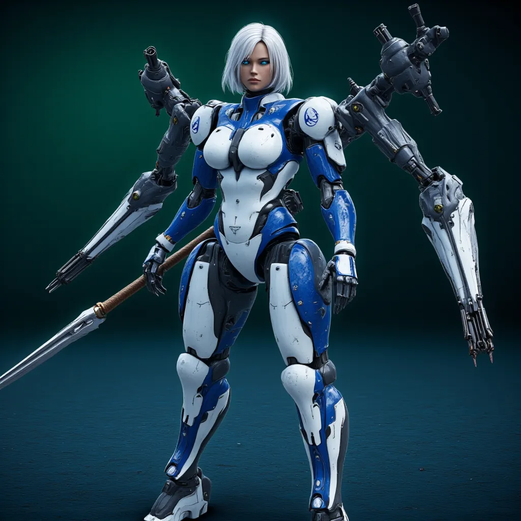 a hyper realistic illustration of a gorgeous woman with a perfect body and straight white hair coming out of her mecha blue and ...