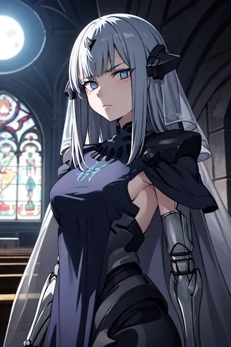 best quality, highly detailed, dark shadows, inside a church, moonlight, bioluminescence , Nitorization, 9a91normal, 1girl, glaring, empty eyes, expressionless, ( mechanical arms:1.1), blue capelet, (blue dress:0.75),long veil, headgear, black arms, upper ...