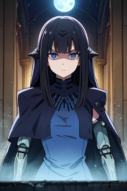 best quality, highly detailed, dark shadows, inside a church, moonlight, bioluminescence , Nitorization, 9a91normal, 1girl, glaring, empty eyes, expressionless, ( mechanical arms:1.1), blue capelet, (blue dress:0.75),long veil, headgear, black arms, upper ...