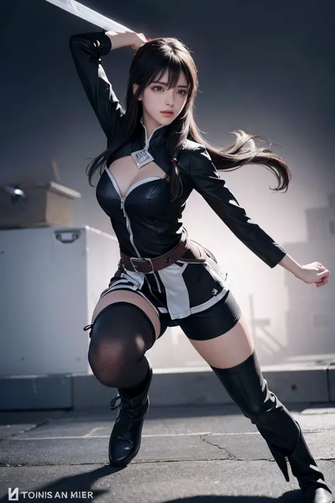 1 yunyun,full body black leather jacket  **:  the jacket has a tight design with silver zippers and a belt with a square buckle....