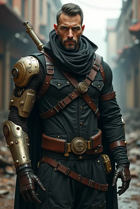 Create a black steampunk character with a mechanical arm 