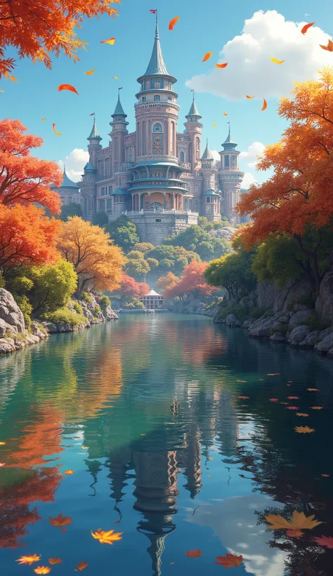 A fantasy city reflected on water, autumn leaves, anime style, detailed architectural buildings, intricate details, beautiful lighting, vibrant colors, dramatic cinematic composition, highly detailed, 4k, photorealistic, masterpiece