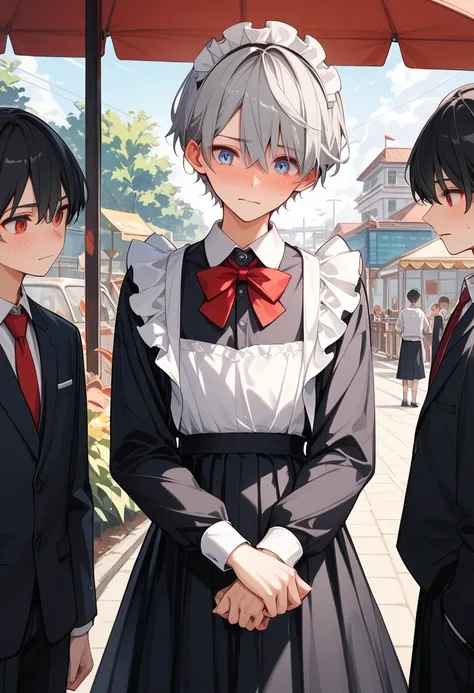 (( 2 male high school students ))、( short hair black hair、 blue eyes)、(short hair gray hair 、Red eyes)、((School Festival、classroom))、( maid clothes、 long skirt)、Embarrassed