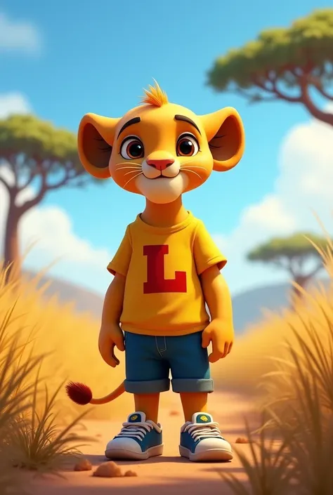 Kittu, a 4-month-old male baby lion with no hair on his head, has a round and smooth face with expressive golden eyes. He wears a bright yellow T-shirt with a red "L" on it, blue shorts, and sneakers footwear. The background is a colorful savanna with tall...