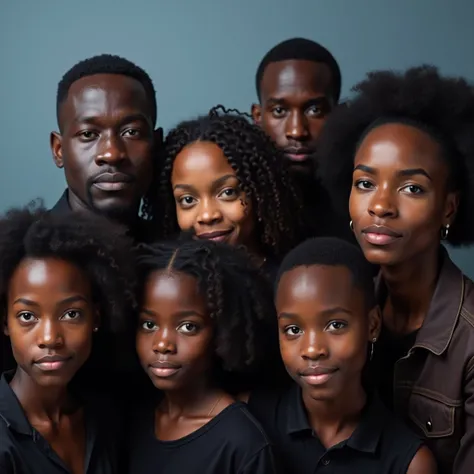 A professional photograph of Black Afro-descendant individuals, including men, women, and ren of various ages, ranging from young ren to elderly adults. They all have calm yet introspective expressions, looking directly at the camera. The background featur...