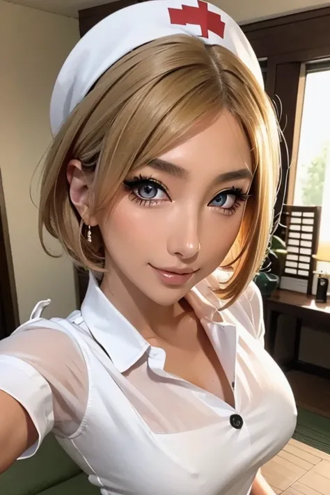 High resolution, High detail, Best Quality,4K,8K,textured skin,anatomically correct,close-up,beautiful lady,large breasts,Japanese girl,colour contact Eyes,blonde hair,very short bob,
nurse, nurse cap, breast pocket, collared dress, short dress, short slee...