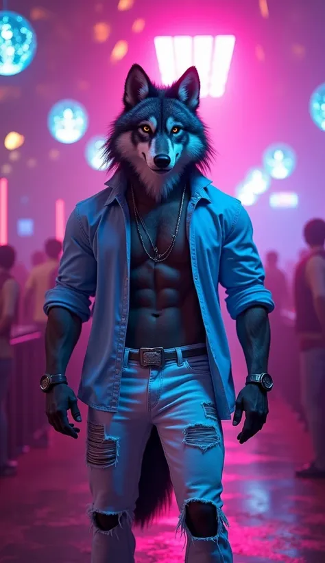 A funky looking CGI furry wolf who loves white, purple grey and black, he is very. Masculine build, athletic too. Dressed in a open light blue shirt and a torn white denim, background the bright neon colors of a night club, very vibrant scene, ultrarealist...