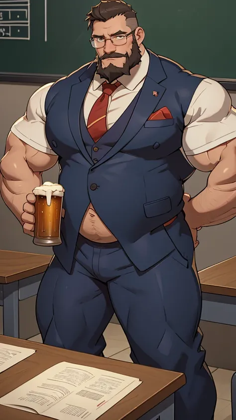 A muscular old man ，Strong body，Wearing a suit，Wearing glasses，  as a teacher in class , 有beard的, beard, Short hair, Half Body, fat，Beer belly , masterpiece,   very detailed  , 8K,   high resolution