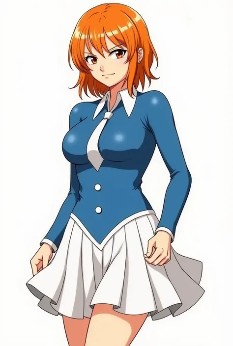 Nami de One Peace, wearing a white skirt with a blue collared bodysuit with a white tie.