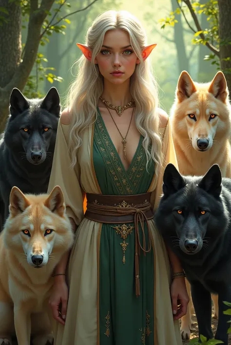 
 half elf with silver blond hair and hazel eyes.  With a pack of wolves of different colors 