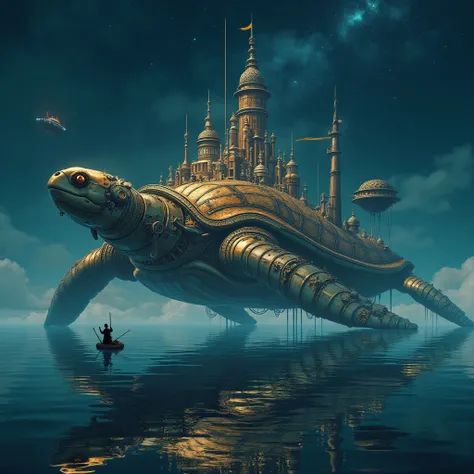 The crew of an airship cheer as they see a fantastic clockwork city nearby, it is reflected in all its splendor in the water, the city is built atop the shell of a giant mecha sea turtle in the ocean, starry night
