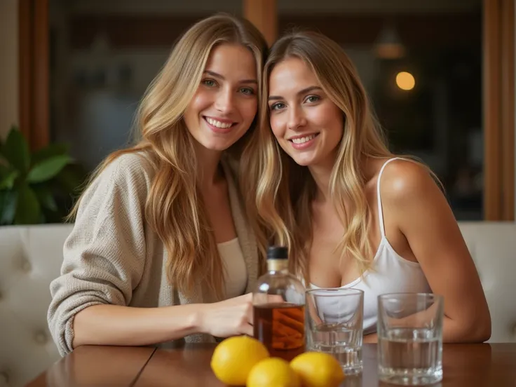 a couple sitting at a table, they are happy, the couple is beautiful, they are blonde in European style. On the table there is a bottle of whiskey without a label, there are glasses and lemons on the table as if it were a decoration.
