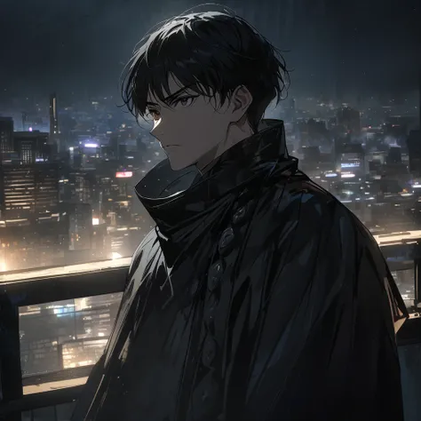  masterpiece, Alone, 1 young boy,  Asian style haircut,  black hair,  brown eyes , pupilas dilatadas, black colored clothes, on the roof of a patio , Epic view of the city, night, serious look,  Cinematic lighting,  lyrics, Detailed 