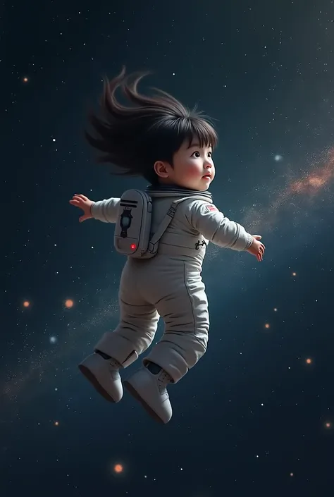 Mongolian astronaut dar hair with playing dark hair  boy in space 