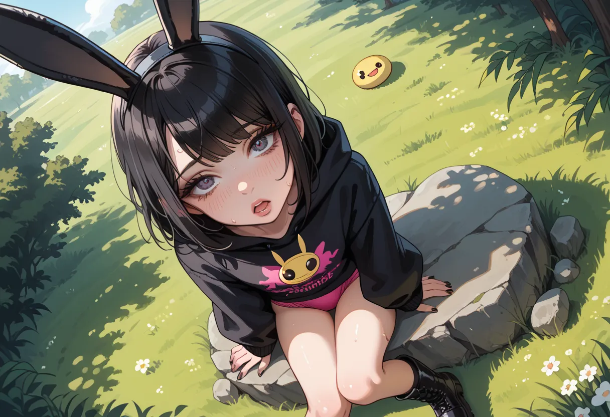 score_9, score_8_above, score_7_above, score_6_above, colorful,  dynamic angle ,   a girl with bunny ears  ((big black hair)), i...