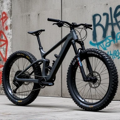 a completely new heavy-duty mountain bike with a gray wall with graffiti in the background