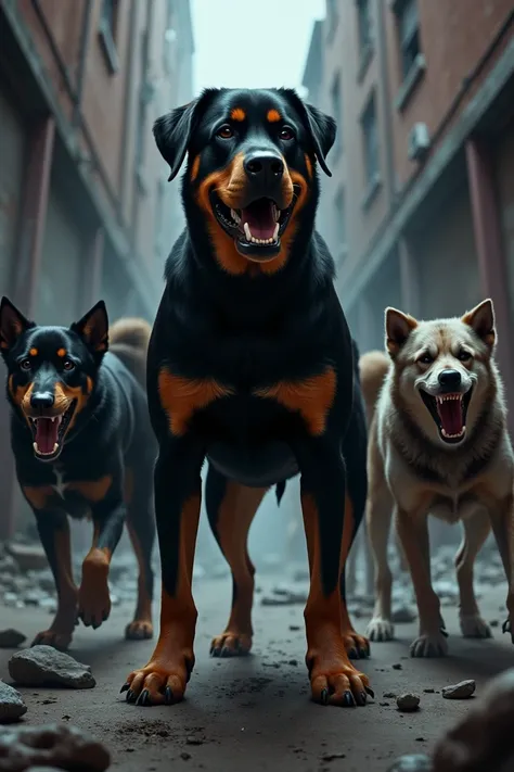 An intense action shot of a Rottweiler standing fearlessly against a group of street dogs, with a powerful stance.