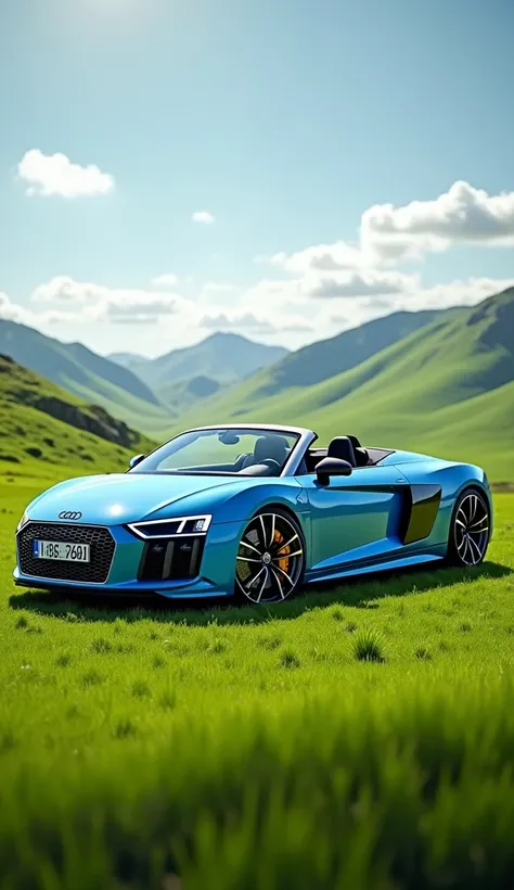 Audi R8 Spyder in lite blue colour at the grass view with right side view 