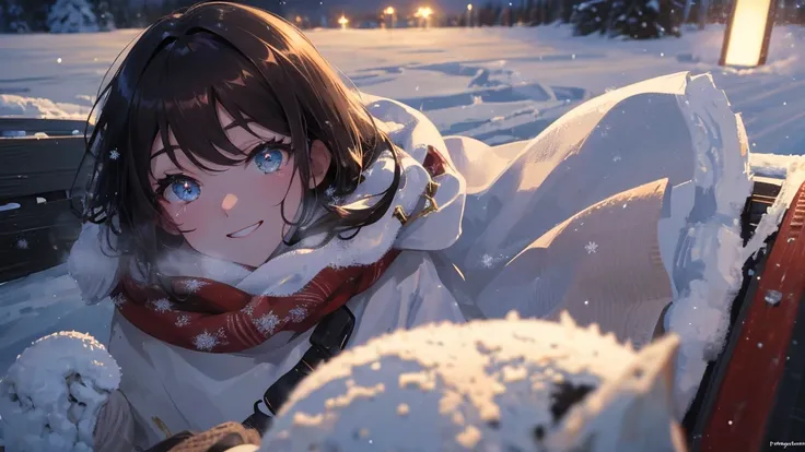 ( High Quality , 8k), warm, detailed face , detailed eyes on board,(Lightが弱い),smile, (winter), snowing, snow, ,  Brown Eyes ,  muffler , snow load, landscape, Light,  Backlight 
