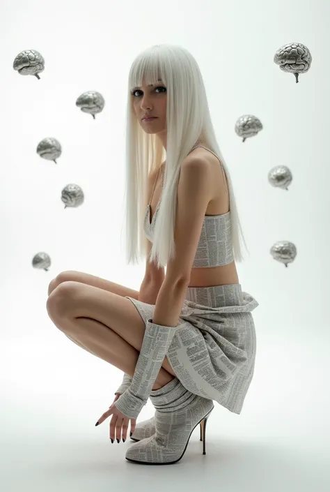  A woman with long straight white hair , she will wear a short paper top made of newspaper , a mini paper skirt made of newspaper and a boot made of newspaper , she will be crouched and the background will be white with small metallic brains floating in th...