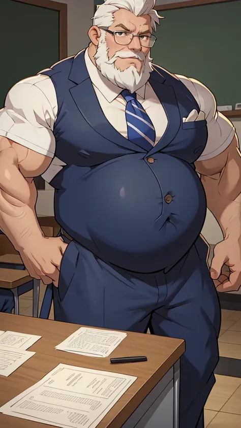 A muscular old man ，Strong body，White hair，Wearing a suit，Wearing glasses，Round Face，Square face，Very round face，  as a teacher in class , 有beard的, beard,Stubble。 Short hair, Half Body, fat , pregnant，masterpiece,   very detailed  , 8K,   high resolution