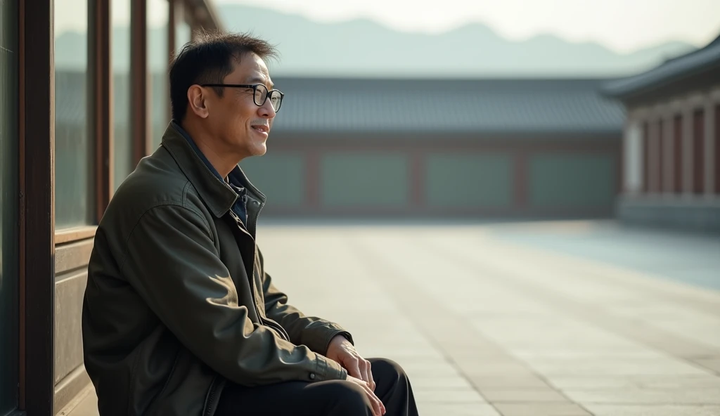 And of a middle-aged Korean man with glasses sitting on the left side of an empty square with a happy face