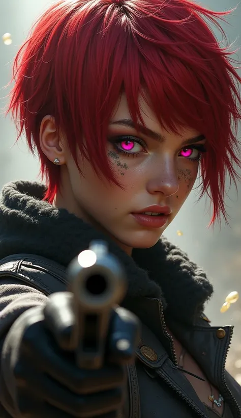 1girl, solo, short hair, weapon, red hair, portrait, gun, bangs, holding, scar, red eyes, holding weapon, looking at viewer, scar on face, pink hair, dirty, parted lips, pink eyes, holding gun