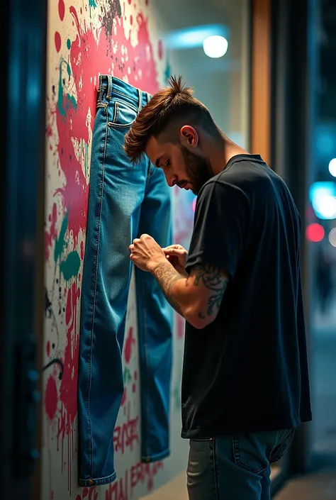 Man doing graffiti on a jean from a clothing store