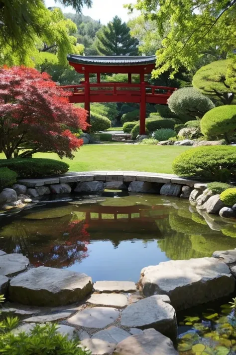 Create an image of a Japanese garden 。In the garden、 Includes a pond and a wooden arched bridge over it。There is a 、 Well-maintained round shrubs and pine trees are arranged 。In the background、Trees with red or green leaves 々You can see。 Place natural ston...