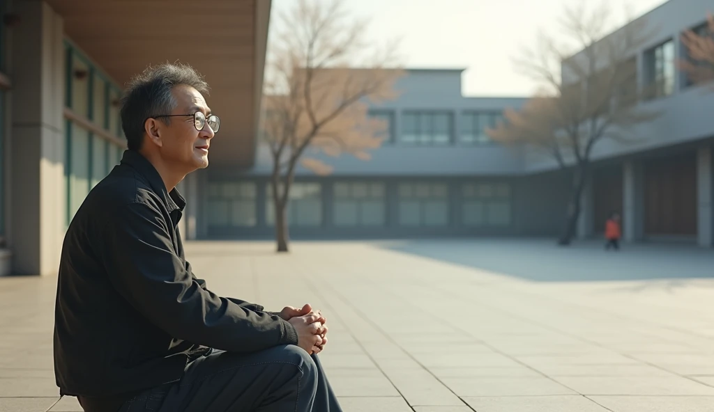 And of a middle-aged Korean man with glasses sitting on the left side of an empty square with a happy face