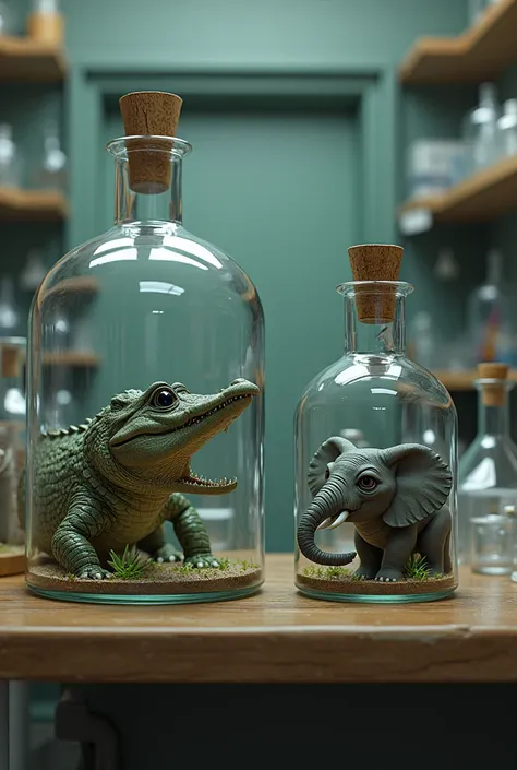 Crocodile and elephant in two bottles in the lab 