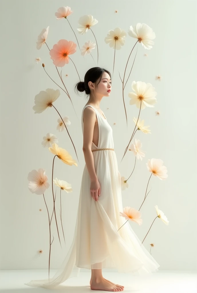 1girl, Alone, High resolution, Minimalism, A young woman who is around floating flowers 