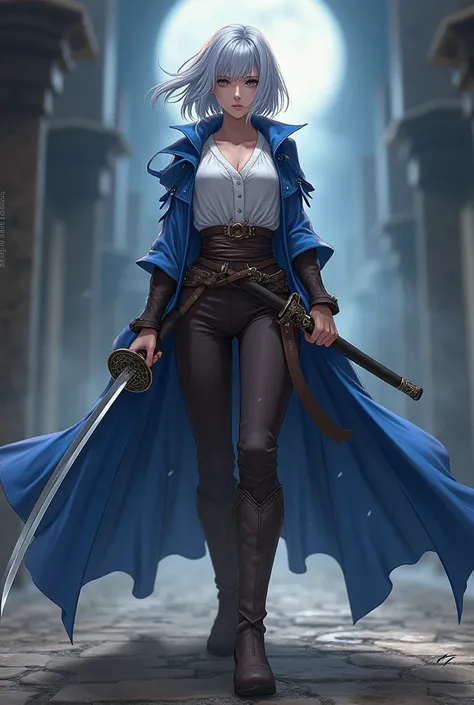 Anime adult female, short silver hair, katana, brown boots, evil, blue and white cloak, brown belt, pants