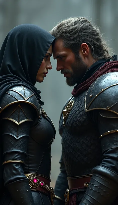  a female warrior in black armor and a hood , with a ruby around her belt ,  threatening a strong male warrior with a sword around his neck