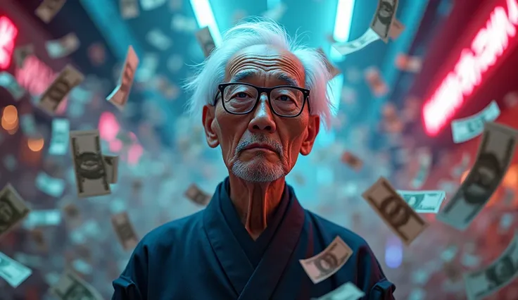 Japani men wearing specs old man, huge money flying in background, Neon Effect 