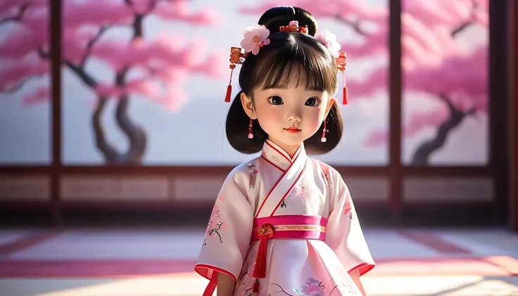 There&#39;s a cartoon girl in a dress,  Chinese dress , hanbok apron, Chinese Costume, chinese traditional costume, Close-up - view, hanbok, wearing ancient Chinese Costume, with ancient Chinese Costume, palace, Girl in Hanfu, White Hanfu, CHUNGSAM , Kitte...