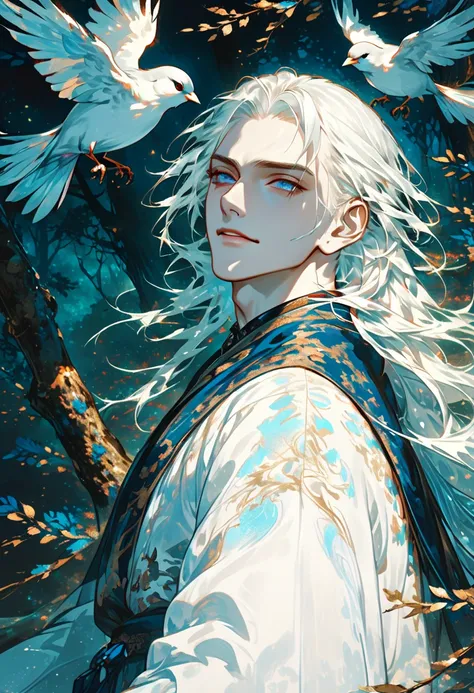 1 Boy, masterpiece, best quality, long hair, white hair, soft hair, white skin, white eyes, kind face, levitating, sharp eyes, beauty, Romance Fantasy, Fantasy, A sparrow is on my shoulder, Male focus, smirk, A dreamy, mysterious forest, 