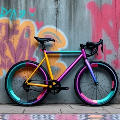 a completely new multicolored minimalist bike with a gray wall with graffiti in the background
