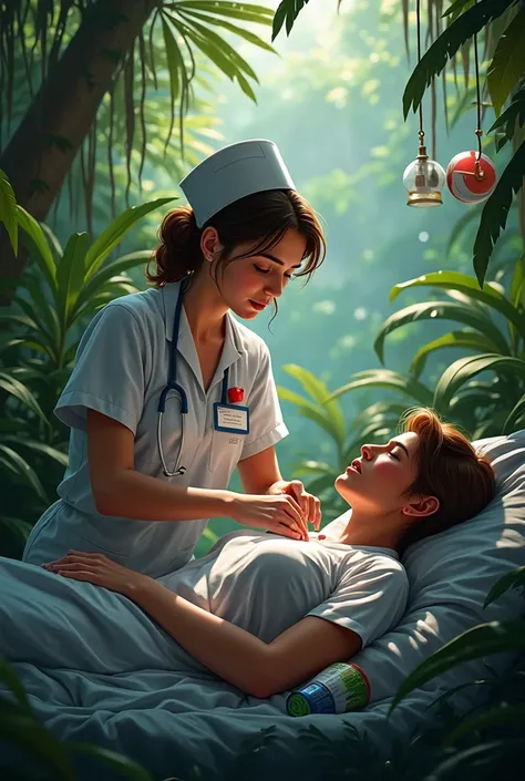 Tension of a nurse in the jungle treating a patient