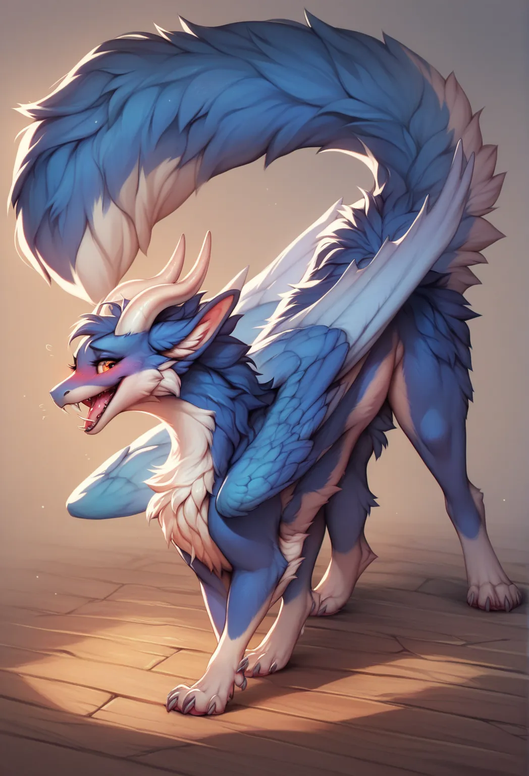 furry art, feral, furred dragon, female, full body, white and blue fur, thicc, wings, horns, tail, chest fluff, paws, fangs,  to...