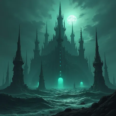 (rlyeh) an ancient blasphemous city of terrible coral like spires surrounded by insane structures of non-Euclidian geometry has arisen from the sea, lit with unholy lights, reflected in the water