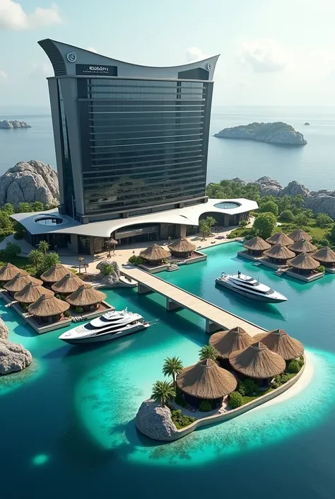 Created a Futuristic and Super Beautiful 3D Building with the logo RUSDHY HOTEL, Slight Variation of Grey and Black color style on the wall, surrounded by many small, simple, thatched-roofed antique lagoon water villas granite rocky in the ocean, there a L...