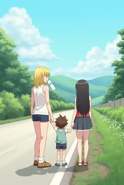 1girl blonde wearing tank top and shorts, drinking water from bottle on roadside. 2girl with black hair also standing with 1girl. 3boy holding 2girls hand.