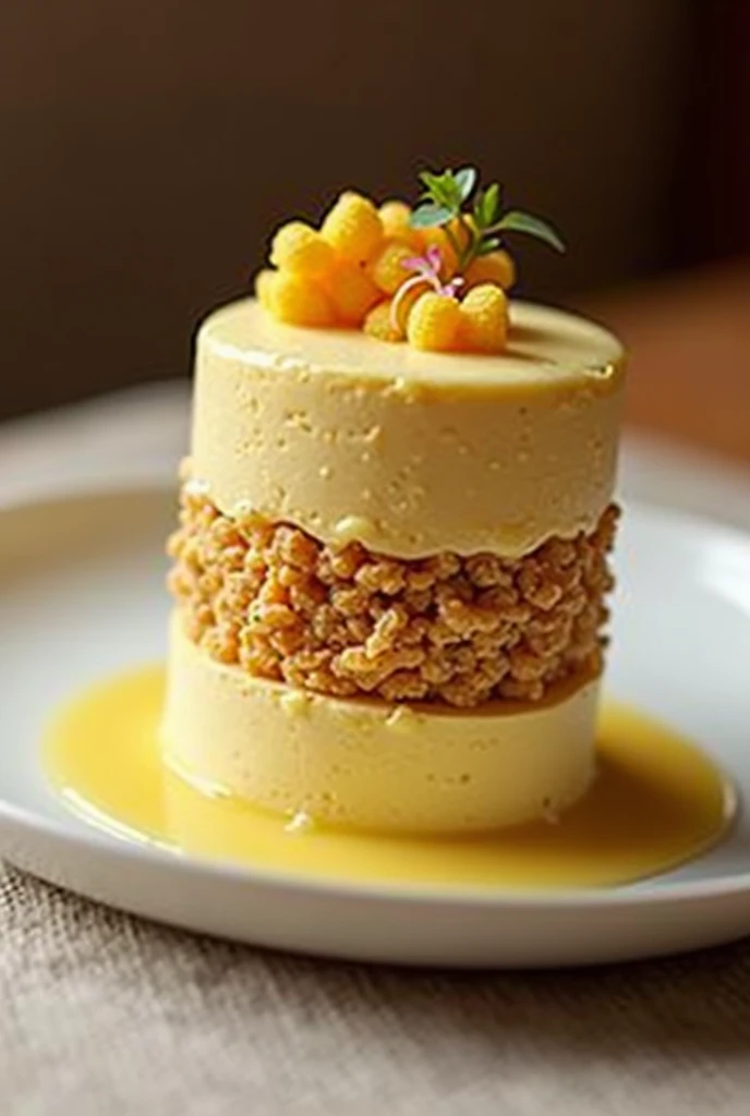  Layered dessert consisting of a daquoise base ,  another generous layer of lucuma mousse , another layer of daquoise ,  another layer of mousse and with caramelized quinoa broken into pieces,  with decorations with edible yellowish foam , Make the caramel...