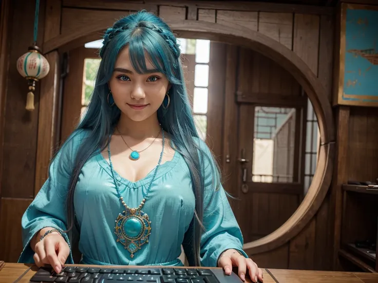 masterpiece, best quality, ultra-detailed, illustration,(1girl),beautiful detailed eyes, looking at viewer, (holding a computer keyboard), happy, (turquoise hair:1), (blue rounded eyes:1), (round earring), (turquoise big gem necklace), cute round face, lon...