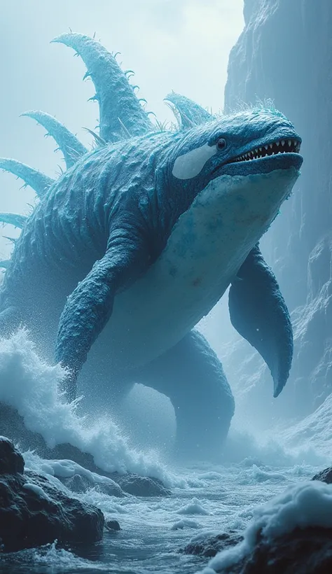 Mutant hybrid of an orca whale with freezing ice raging and roaring 