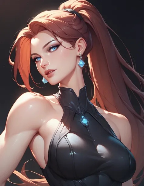 female sleeveless black catsuit, bare shoulders, racerback, bare toned arms, beautiful faces, dark red ponytail with showing forehead, long ponytail, earrings, soft smooth skin, pale skin, black background, blue eyes, sci-fi, high contrast