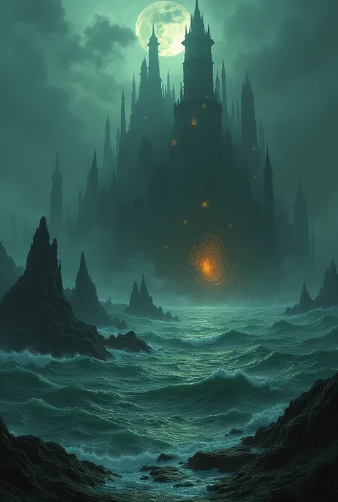 (rlyeh) an ancient blasphemous city of terrible coral like spires surrounded by insane structures of non-Euclidian geometry has arisen from the sea, lit with unholy lights, reflected in the water (priority it ,must be reflected in the water)
