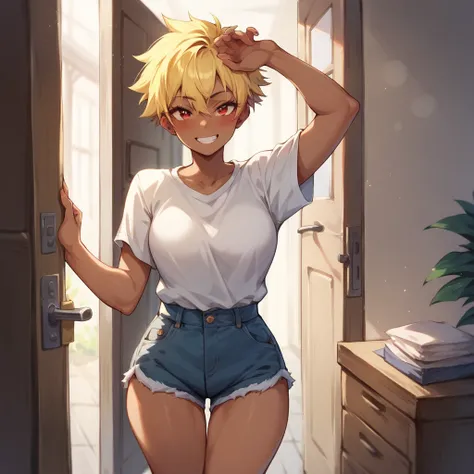 a dark skin tomboy with yellow hair and red eyes. she is infront of a doorway in a white tshirt and blue cutoff shorts. she is smiling at you, slightly blushing.