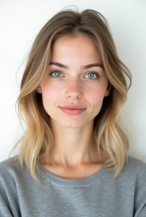 Realistic passport photo portrait for a young 18 year old woman with bright gray-blue eyes, straight blonde hair, wearing a gray shirt on a white background